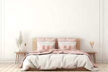 Light, Cute And Cozy Home Bedroom Interior With Unmade Bed, Pink Plaid And Cushions On Empty White Wall Background.