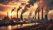  Power plant with smoking chimneys on a background of blue sky.Factories release CO2 into the atmosphere.Concept of carbon trading market.Atmospheric pollution,air pollution concept. 