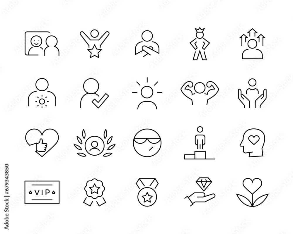 Self-esteem line icon set. Self-acceptance, Self-respect, Self-development. Affirmations Glyph icons set, editable stroke isolated on white, linear vector outline illustration, symbol logo design