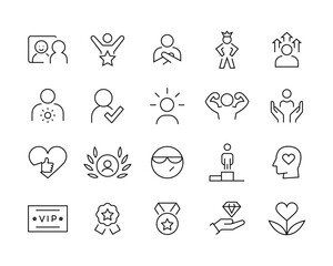 Self-esteem line icon set. Self-acceptance, Self-respect, Self-development. Affirmations Glyph icons set, editable stroke isolated on white, linear vector outline illustration, symbol logo design