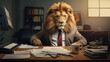 Lion in business suit, sitting at a desk with business documents, expressing seriousness and entrepreneurial activity. Anthropomorphic animals