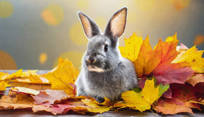 Wall Mural - charming gray domestic rabbit sits in a pile of beautiful bright autumn wedge leaves photo banner