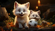 Dois filhotes de raposa branca brincando com bola na floresta - Ilustração infantil 3d 