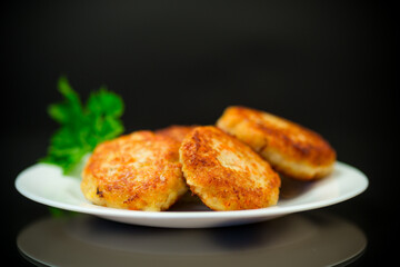 Wall Mural - Cooked fried fish cutlets in a plate with herbs.