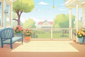 Wall Mural - snapshot of the porch and the manicured lawn, magazine style illustration