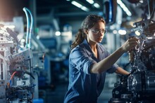 Seamless Operation: Confident Female Worker Navigates High-Tech Machinery in the Automotive Manufacturing Environment