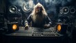 a man with long beard and a beard working on a sound board