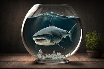 Shark in a small glass fishbowl