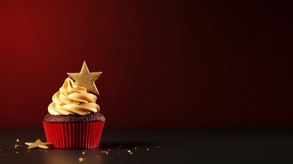 Wall Mural - Different delicious Christmas cupcakes on holiday background