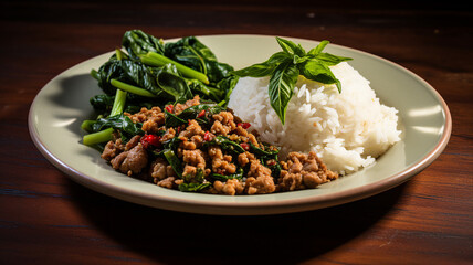 Wall Mural - A plate of pad krapow gai with stir-fried basil chicken, minced pork, and rice