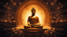 Buddha Statue, Golden Hues, Serene, Sitting Amidst A 3D Fractal Mandala, Glowing Edges, Psychedelic