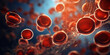 Microscopic view of red and white blood cells flowing in a vessel, hyper-realistic 3D model, cinematic lighting, contrast shadows