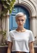 © Ростислав Андрейченк - Mockup fashion autonomous swedish generation z teenage woman with short hair wearing blank large cotton white t-shirt, narrow crew neck, renaissance building background and grapes with bokeh effect