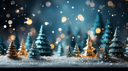 Christmas tree decoration in winter forest with northern lights in the night sky