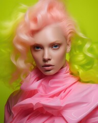 Wall Mural - Stylish model with neon-colored hair poses with pink ruffled garment on green backdrop