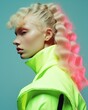 © Glittering Humanity - Elegant portrait of a young woman with pastel pink curly hair in a bright neon green jacket on a blue background
