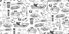 Seamless Pattern With Ingredients For Soup. Sketch Style Boiling Pot, Vegetables, Asparagus, Mushrooms, Peas, Eggplant, Onions, Spices, Paprika. Сutting Board, Vegetable Peeler, Spatula. Cookware