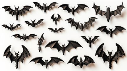 Horrific black bats swarm isolated on white Halloween background. Silhouettes of flying bats traditional Halloween symbols on white.