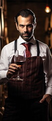 Wall Mural - Close up of a young sommelier holds a glass of red wine in a cellar, a wine expert in a white shirt and apron, the waiter offers wine.Sommelier tasting wine Concept. Generative ai