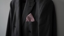 Close Up Footage Of Pocket Square  Handkerchief In The Breast Pocket Of A Man's Festive Suit.