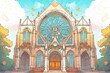 a gothic revival cathedral, focal point the rose window, magazine style illustration