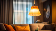 Glowing Lamp Hanging In A Living Room. Warm Light Cozy Atmosphere. Interior Decor Concept