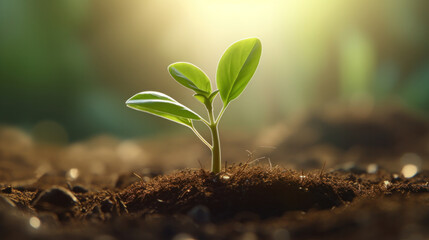 Wall Mural - Seedling emerging from rich soil at sunrise, symbolizing new life and growth