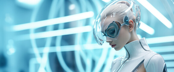 image of a futuristic robot woman wearing glasses and a transparent cap on a Light background. Banner, place for text