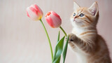 Fototapeta Zwierzęta - Portrait of a cat with a tulip flower, copy space. Generative ai