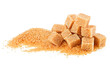Pile of brown granulated sugar and sugar cubes isolated on a white background. Brown cane sugar.
