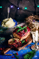 Canvas Print - Turkey cranberry sauce meat loaf on the Christmas background .style rustic.