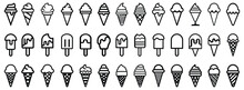 Set Of Ice Cream Icons, Outline, Popsicle Sticks And Cones, Vector Illustration Isolated On White Background