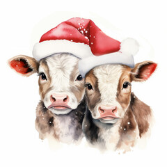 Two babies cow friends in Red Santa Hat isolated on white background