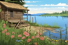 Log Cabin Corner View With Dock Hid Partially Behind Wildflowers, Magazine Style Illustration
