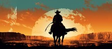 Silhouette Cowboy Riding Horse On Sunset Background. AI Generated Image