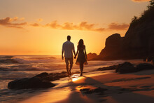 A Contented Couple Taking A Peaceful Sunset Stroll On The Beach. Concept Of Love And Relaxation. Generative Ai.