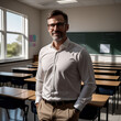© Yuliia - handsome man with glasses, teacher standing in the background of a school classroom