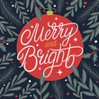Merry and bright hand written christmas lettering. Red ball with botanical background. Vector illustration.