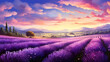A artistic representation of a vibrant lavender field with rows of purple blossoms.