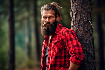 Bearded handsome lumberjack in a forest, clad in a red checked shirt. Bright image. 