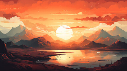 Sticker - beautiful sunset landscape with mountains