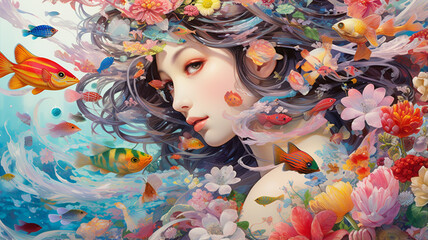 Wall Mural - girl in a flower garden