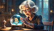 Old lady looking at crystal ball seeing her younger self
