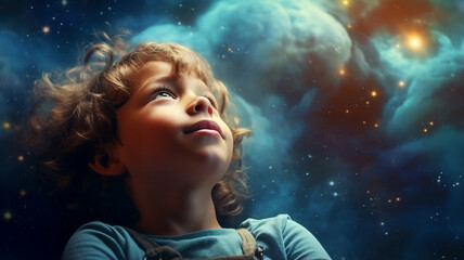little boy with moon in space at background of the earth