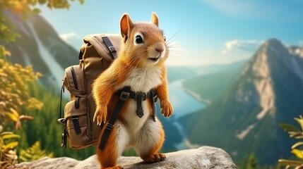 Wall Mural - Squirrel with a backpack, conquering the top of a tall tree