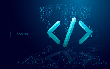 Digital program code icon on dark world map background with reflection on the mirror floor. Java or html symbol. Vector illustration in futuristic light blue style for creating websites and software.