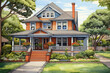 American Foursquare Style House (Cartoon Colored Pencil) - United States in late 19th & early 20th century, characterized by a square, boxy design with a hipped roof, central dormer, and front porch