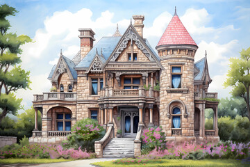 Chateau Style House (Cartoon Colored Pencil) - Originated in France in the 16th century, characterized by a castle-like design with turrets, towers, and a steep-pitched roof