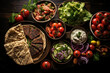 © Sebastian - Top view of a variety of traditional Greek dishes, including salad, meze, pie, fish, tzatziki, and dolma, displayed on a wooden background. Generative Ai.