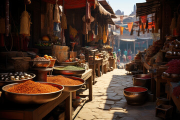 Wall Mural - A bustling street market with vendors selling exotic spices, textiles, and crafts, immersing visitors in the vibrant culture of a foreign land. Generative Ai.